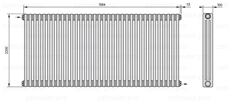 Схема (чертеж) Радиатор Zehnder Charleston 3220/34 №1670 Белый глянцевый RAL 9016